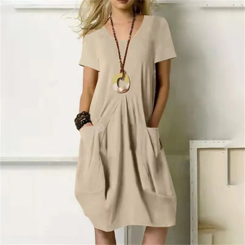 Women Solid Casual Loose Dress Summer O-Neck Short Sleeve Pocket Daily Street Wear Dresses Fashion Lady Midi Dress