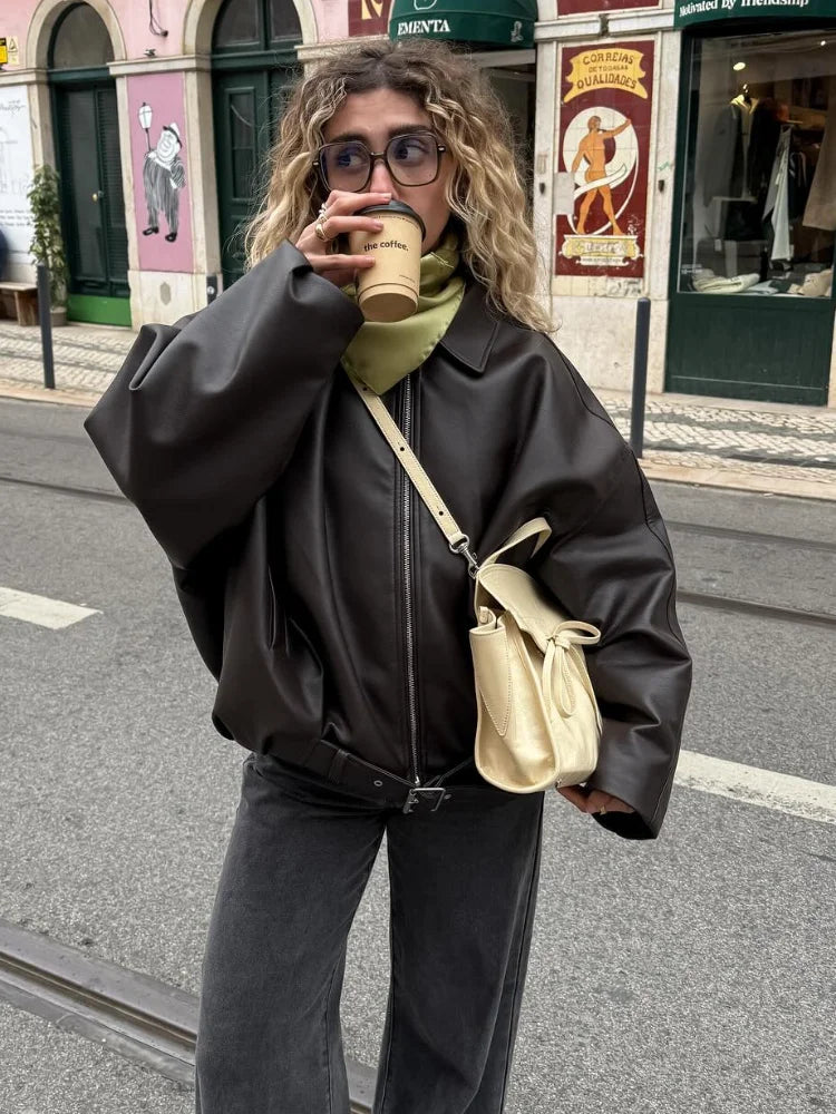 Casual Lapel Zipper Waist Belt Short Leather Jacket 2026 Women Loose Solid Pocket Pu Coat Autumn Lady Daily Highstreet Jackets