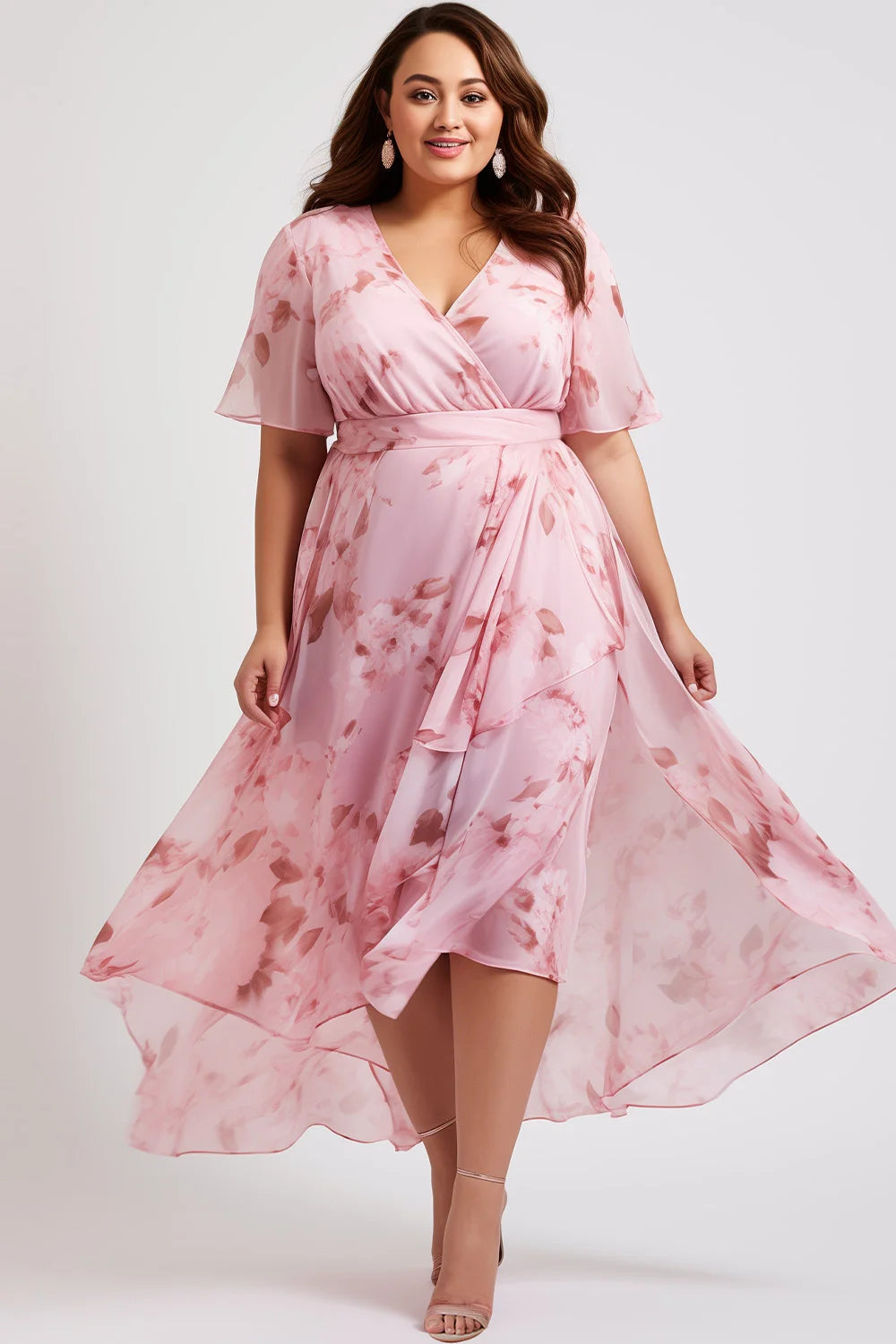 Flycurvy Plus Size Vacation Pink Chiffon Floral Print Wrap Slit Maxi Dress