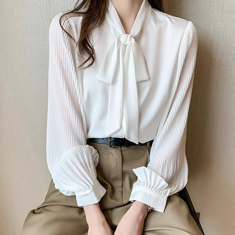 New Pleated Sleeve Chiffon Blouse Women Spring Summer Chic Design Bowknot Lace-Up Long Sleeve Shirt Simple Professional Clothing