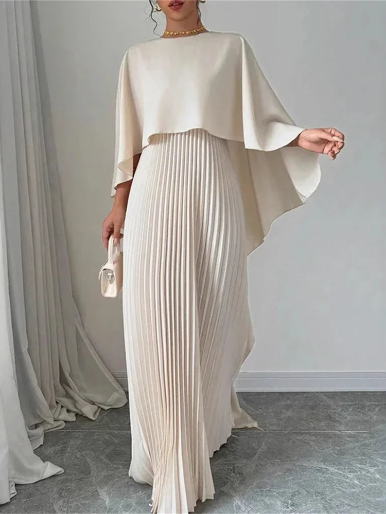 Spring Summer Elegant Crew Neck Pleated Dresses Women Casual Solid Loose Long Dress Cloak Sleeves Ruffle Maxi Dress Vestidos