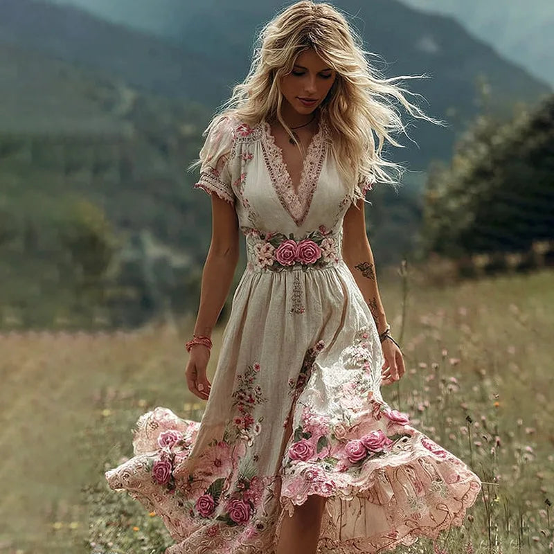 Creative Totem Print V-neck Short Sleeve Midi Dress Polyester Fabric 3D Effect Street Style Women's Summer New Fashion Dress