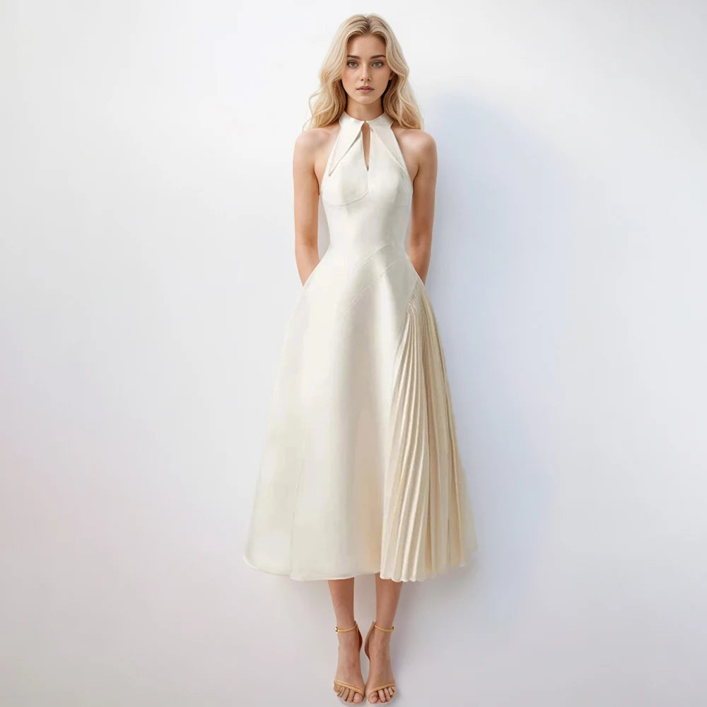 Solid Hollow Out Patchwork Folds Elegant Dress For Women Lapel Sleeveless High Waist Temperament Slimming Dresses Female New