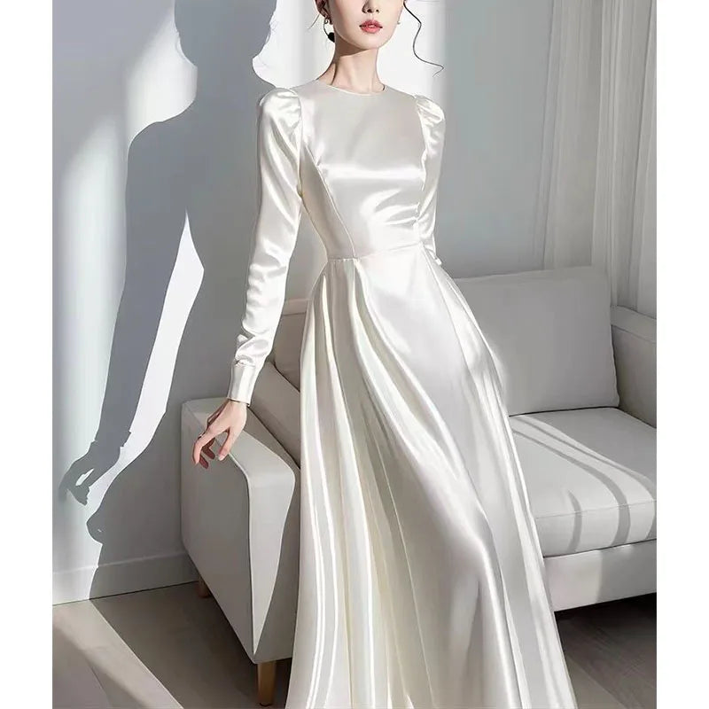 White Long-sleeved Satin Dress for Women in Autumn Unique Beautiful French Waist-hugging Long Dresses for Summer
