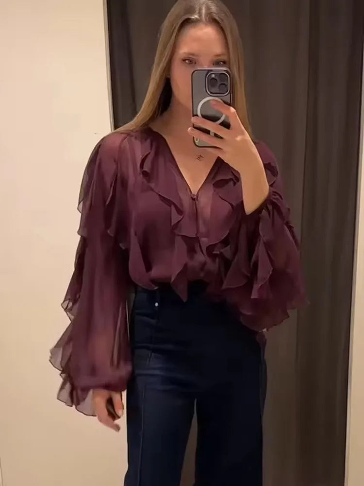 Translucent Layer Ruffle V-neck Loose Blouse Women's Burgundy Long Sleeved Gauze Shirts 2026 New Spring Casual Commute Tops
