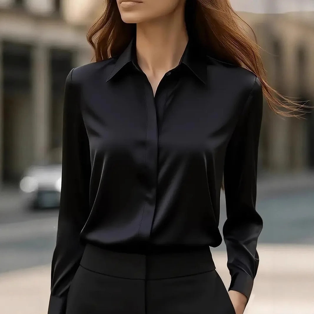 2026 New Women's Long-sleeved Shirt 10 Color Lapel Satin Button Cardigan Office Commuting Elegant Simple Top Basic Blouses