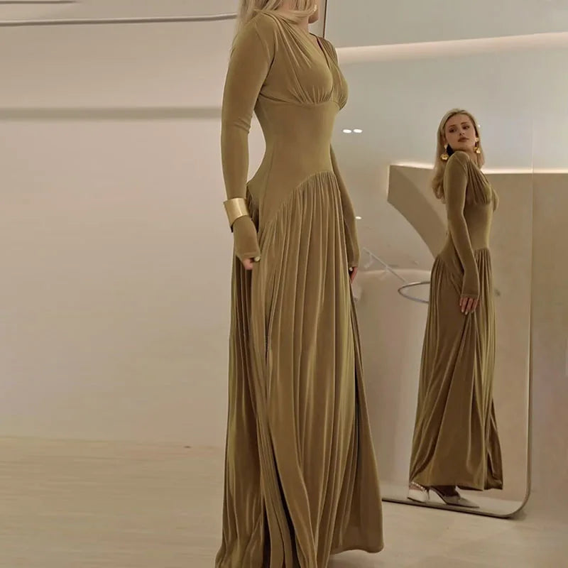 Office Casual High Waist Long Sleeved Dresses Fashion Women's V Neck Solid Color Velvet Dress Sexy Slim Fit Pleated Robe Dress
