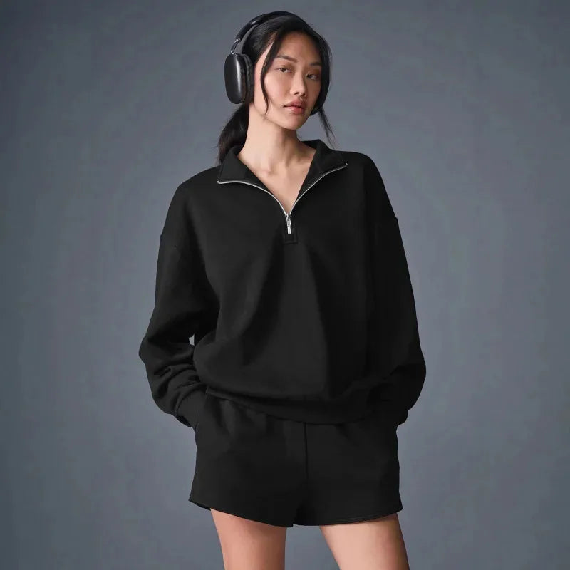 Unisex Winter Fleece Sweatshirt Thick Warm Stand Collar Zip Jacket Loose Fit Sport Top Casual Fitnes Outerwear for Men and Women