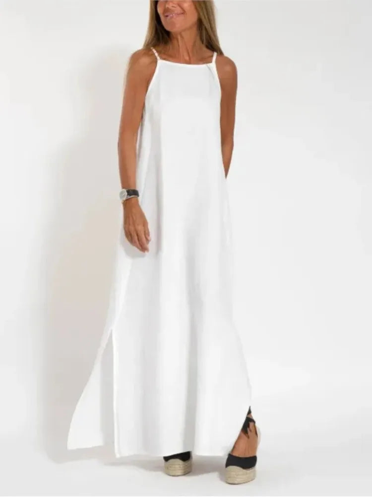 2026 Casual Cotton Loose Slit Dress Women Sexy Spaghetti Strap Solid Color Long Dresses White Elegant Party Dress Robe Femme