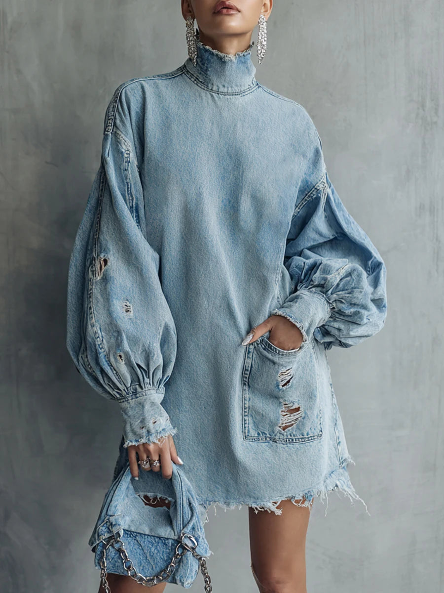 Vintage Blue Denim Mini Dress High Collar Lantern Sleeve Ripped Trimmings Long Sleeve Retro Chic Women's Fashion