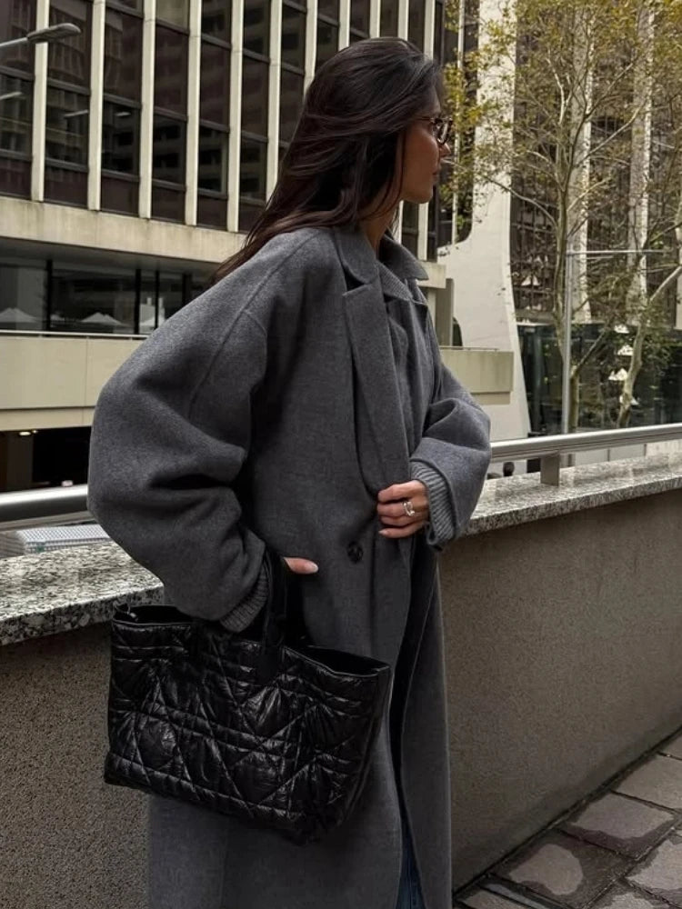 Elegant Solid Lapel Long Coat Women Classic Retro Single Breasted Pad Shoulder Coats Lady 2025 Winter Chic Loose Street Outwear