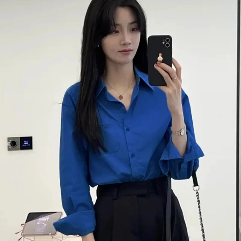 Vintage Blue Long Sleeve Shirts Women Spring Autumn 2026 Chic Single Breasted Blouses Woman Loose Turn Down Collar Shirts Ladies