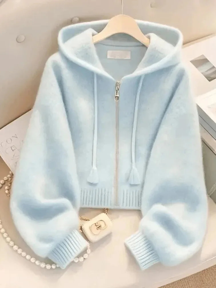 New Soft Blue Cardigan Sweaters Women Long Sleeve Elegant Knitted Jacket Sweet Design Female Casual Hooded Outwear Tops