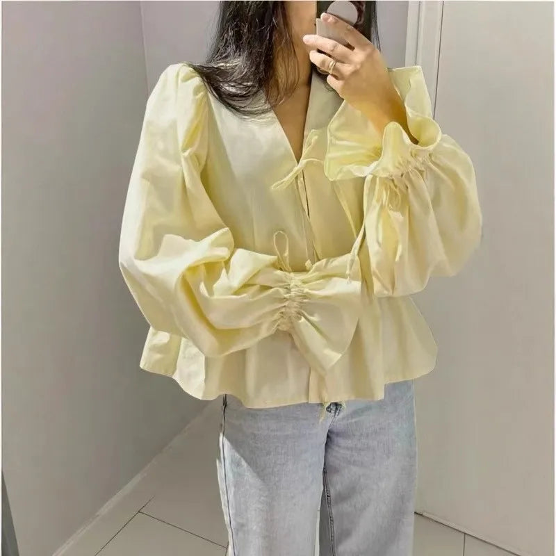 Women Loose Casual Yellow Shirt 2026 Autumn V-neck Pleated Lace-up Puff Sleeve Shirts &amp; Blouses Sprint Streetwear Tops