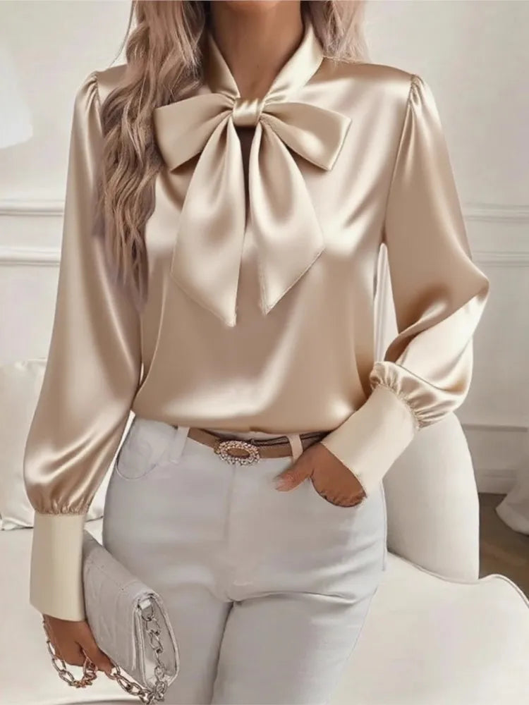 Korean Elegant Office Blouses Women Autumn Fashion Bow Neck Blusas Puff Sleeve Shirts Mujer Tops Spring Casual Solid Work Shirt